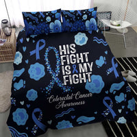 His Fight Is My Fight Colorectal Cancer Awareness Bedding Set Blue Ribbon Heart Pattern Illustration