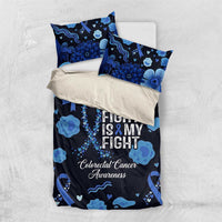 His Fight Is My Fight Colorectal Cancer Awareness Bedding Set Blue Ribbon Heart Pattern Illustration