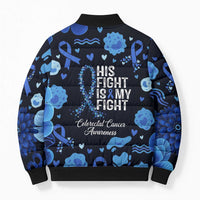 His Fight Is My Fight Colorectal Cancer Awareness Bomber Puffer Jacket Blue Ribbon Heart Pattern Illustration