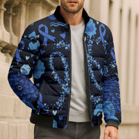His Fight Is My Fight Colorectal Cancer Awareness Bomber Puffer Jacket Blue Ribbon Heart Pattern Illustration