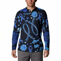 His Fight Is My Fight Colorectal Cancer Awareness Button Sweatshirt Blue Ribbon Heart Pattern Illustration