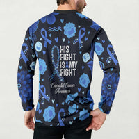His Fight Is My Fight Colorectal Cancer Awareness Button Sweatshirt Blue Ribbon Heart Pattern Illustration