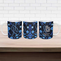 His Fight Is My Fight Colorectal Cancer Awareness Ceramic Mug Blue Ribbon Heart Pattern Illustration