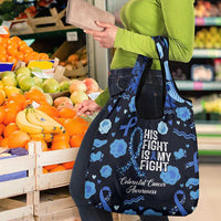 His Fight Is My Fight Colorectal Cancer Awareness Grocery Bag Blue Ribbon Heart Pattern Illustration