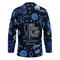 His Fight Is My Fight Colorectal Cancer Awareness Hockey Jersey Blue Ribbon Heart Pattern Illustration
