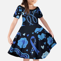 His Fight Is My Fight Colorectal Cancer Awareness Kid Short Sleeve Dress Blue Ribbon Heart Pattern Illustration