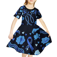 His Fight Is My Fight Colorectal Cancer Awareness Kid Short Sleeve Dress Blue Ribbon Heart Pattern Illustration