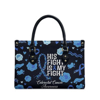 His Fight Is My Fight Colorectal Cancer Awareness Leather Bag Blue Ribbon Heart Pattern Illustration