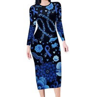 His Fight Is My Fight Colorectal Cancer Awareness Long Sleeve Bodycon Dress Blue Ribbon Heart Pattern Illustration