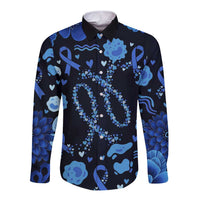 His Fight Is My Fight Colorectal Cancer Awareness Long Sleeve Button Shirt Blue Ribbon Heart Pattern Illustration