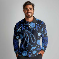 His Fight Is My Fight Colorectal Cancer Awareness Long Sleeve Polo Shirt Blue Ribbon Heart Pattern Illustration