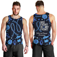 His Fight Is My Fight Colorectal Cancer Awareness Men Tank Top Blue Ribbon Heart Pattern Illustration