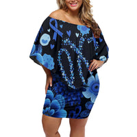 His Fight Is My Fight Colorectal Cancer Awareness Off Shoulder Short Dress Blue Ribbon Heart Pattern Illustration
