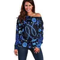 His Fight Is My Fight Colorectal Cancer Awareness Off Shoulder Sweater Blue Ribbon Heart Pattern Illustration