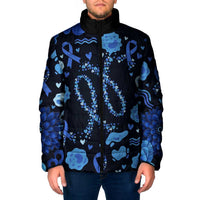 His Fight Is My Fight Colorectal Cancer Awareness Padded Jacket Blue Ribbon Heart Pattern Illustration