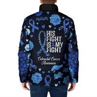 His Fight Is My Fight Colorectal Cancer Awareness Padded Jacket Blue Ribbon Heart Pattern Illustration