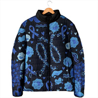 His Fight Is My Fight Colorectal Cancer Awareness Padded Jacket Blue Ribbon Heart Pattern Illustration