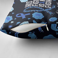 His Fight Is My Fight Colorectal Cancer Awareness Pillow Cover Blue Ribbon Heart Pattern Illustration