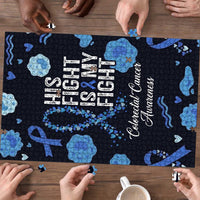 His Fight Is My Fight Colorectal Cancer Awareness Puzzle Blue Ribbon Heart Pattern Illustration