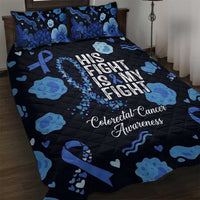 His Fight Is My Fight Colorectal Cancer Awareness Quilt Bed Set Blue Ribbon Heart Pattern Illustration