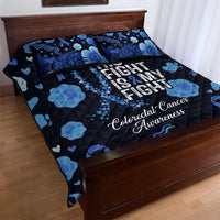 His Fight Is My Fight Colorectal Cancer Awareness Quilt Bed Set Blue Ribbon Heart Pattern Illustration