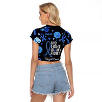 His Fight Is My Fight Colorectal Cancer Awareness Raglan Cropped T Shirt Blue Ribbon Heart Pattern Illustration