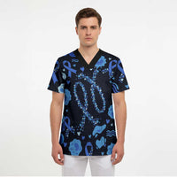 His Fight Is My Fight Colorectal Cancer Awareness Scrub Top Blue Ribbon Heart Pattern Illustration