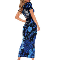 His Fight Is My Fight Colorectal Cancer Awareness Short Sleeve Bodycon Dress Blue Ribbon Heart Pattern Illustration