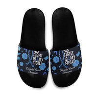 His Fight Is My Fight Colorectal Cancer Awareness Slide Sandals Blue Ribbon Heart Pattern Illustration