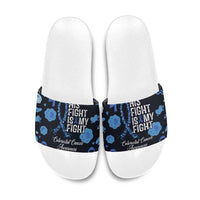 His Fight Is My Fight Colorectal Cancer Awareness Slide Sandals Blue Ribbon Heart Pattern Illustration