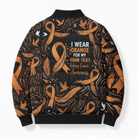 Personalized I Wear Orange Kidney Cancer Awareness Bomber Puffer Jacket Feathered Ribbon Silhouette Illustration