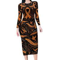 Personalized I Wear Orange Kidney Cancer Awareness Long Sleeve Bodycon Dress Feathered Ribbon Silhouette Illustration