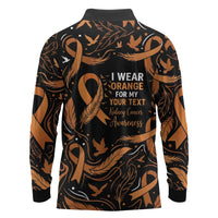 Personalized I Wear Orange Kidney Cancer Awareness Long Sleeve Polo Shirt Feathered Ribbon Silhouette Illustration