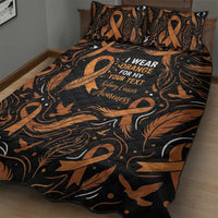 Personalized I Wear Orange Kidney Cancer Awareness Quilt Bed Set Feathered Ribbon Silhouette Illustration
