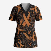 Personalized I Wear Orange Kidney Cancer Awareness Scrub Top Feathered Ribbon Silhouette Illustration