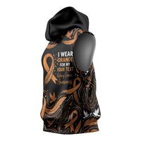 Personalized I Wear Orange Kidney Cancer Awareness Sleeveless Hoodie Feathered Ribbon Silhouette Illustration