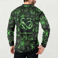 Cerebral Palsy Awareness Infinity Heart Button Sweatshirt Neon Green Ribbon Pattern Illustration