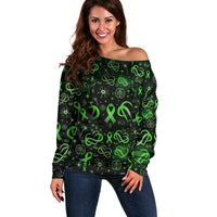 Cerebral Palsy Awareness Infinity Heart Off Shoulder Sweater Neon Green Ribbon Pattern Illustration