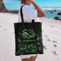 Cerebral Palsy Awareness Infinity Heart Tote Bag Neon Green Ribbon Pattern Illustration