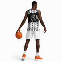 Malcolm X 101 Years Of Resistance Basketball Jersey Civil Rights Leader Portrait - Monochrome X Pattern