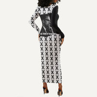 Malcolm X 101 Years Of Resistance Long Sleeve Bodycon Dress Civil Rights Leader Portrait - Monochrome X Pattern