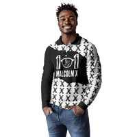 Malcolm X 101 Years Of Resistance Long Sleeve Polo Shirt Civil Rights Leader Portrait - Monochrome X Pattern