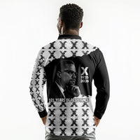 Malcolm X 101 Years Of Resistance Long Sleeve Polo Shirt Civil Rights Leader Portrait - Monochrome X Pattern