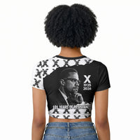 Malcolm X 101 Years Of Resistance Raglan Cropped T shirt Civil Rights Leader Portrait - Monochrome X Pattern