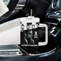 Malcolm X 101 Years Of Resistance Tumbler With Handle Civil Rights Leader Portrait - Monochrome X Pattern