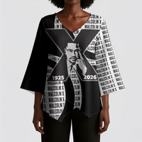 Malcolm X Legacy 1925-2026 Kimono Sleeve Blouse African American Heritage - Iconic Portrait Silhouette