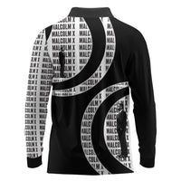 Malcolm X Legacy 1925-2026 Long Sleeve Polo Shirt African American Heritage - Iconic Portrait Silhouette