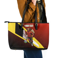 Personalized Belgium Red Devils Football Mascot Leather Tote Bag Fierce Devil Graphic With Belgian Flag