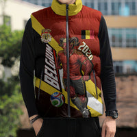 Personalized Belgium Red Devils Football Mascot Sleeveless Puffer Jacket Fierce Devil Graphic With Belgian Flag