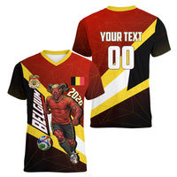 Personalized Belgium Red Devils Football Mascot Women V-Neck T-Shirt Fierce Devil Graphic With Belgian Flag
